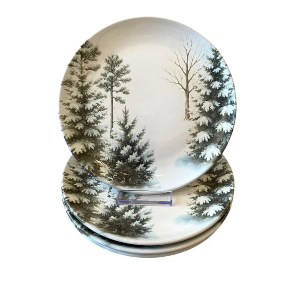Christmas Pine Tree Salad Plates 8in Green White Made in Brazil Set of 4 NEW - Picture 1 of 12